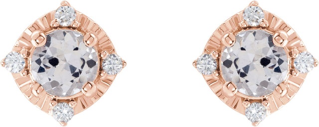 14K Gold Round Lab-Grown White Sapphire & Natural Diamond Halo-Style Birthstone Earrings – 4.5mm Stones - Rose Gold - view 2