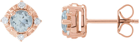 14K Gold Round Natural Aquamarine & Natural Diamond Halo-Style Birthstone Earrings – 4.5mm Stones - Rose Gold