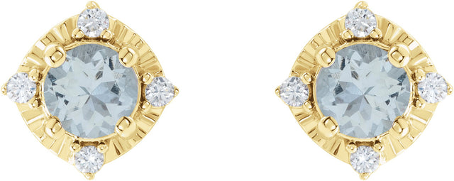 14K Gold Round Natural Aquamarine & Natural Diamond Halo-Style Birthstone Earrings – 4.5mm Stones - Yellow Gold - view 2
