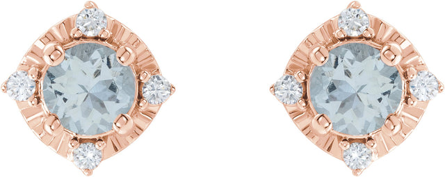 14K Gold Round Natural Aquamarine & Natural Diamond Halo-Style Birthstone Earrings – 4.5mm Stones - Rose Gold - view 2