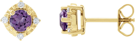 14K Gold Round Natural Amethyst & Natural Diamond Halo-Style Birthstone Earrings – 4.5mm Stones - Yellow Gold