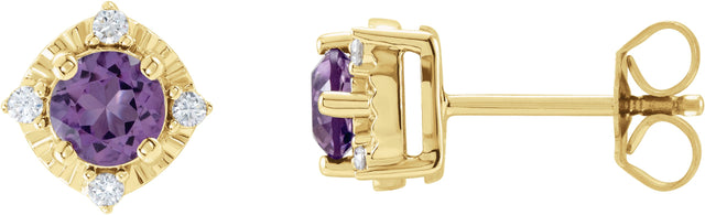 14K Gold Round Natural Amethyst & Natural Diamond Halo-Style Birthstone Earrings – 4.5mm Stones - Yellow Gold