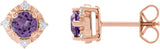 14K Gold Round Natural Amethyst & Natural Diamond Halo-Style Birthstone Earrings – 4.5mm Stones - Rose Gold
