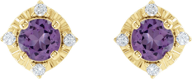 14K Gold Round Natural Amethyst & Natural Diamond Halo-Style Birthstone Earrings – 4.5mm Stones - Yellow Gold - view 2