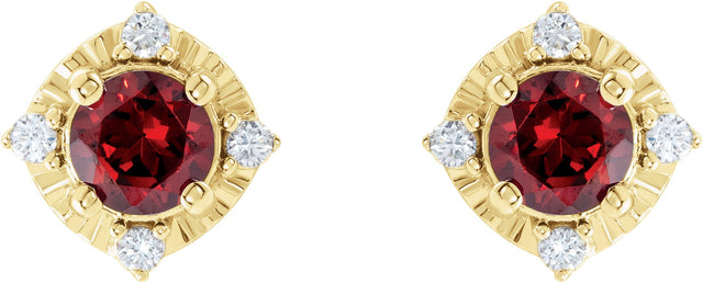14K Gold Round Natural Mozambique Garnet & Natural Diamond Halo-Style Birthstone Earrings – 4.5mm Stones - Yellow Gold - view 2