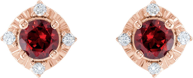 14K Gold Round Natural Mozambique Garnet & Natural Diamond Halo-Style Birthstone Earrings – 4.5mm Stones - Rose Gold - view 2