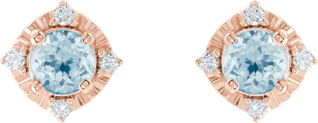 14K Gold Round Natural Sky Blue Topaz & Natural Diamond Halo-Style Birthstone Earrings – 4.5mm Stones - Rose Gold - view 2