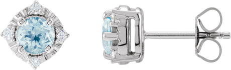 14K Gold Round Natural Sky Blue Topaz & Natural Diamond Halo-Style Birthstone Earrings – 4.5mm Stones - White Gold