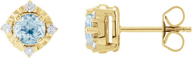 14K Gold Round Natural Sky Blue Topaz & Natural Diamond Halo-Style Birthstone Earrings – 4.5mm Stones - Yellow Gold
