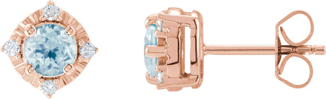 14K Gold Round Natural Sky Blue Topaz & Natural Diamond Halo-Style Birthstone Earrings – 4.5mm Stones - Rose Gold