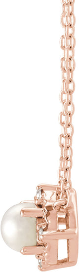 14K Gold Pearl Cultured White Freshwater Pearl & Natural Diamond Birthstone Halo-Style Necklace – 0.04 CTW - Rose Gold - view 4