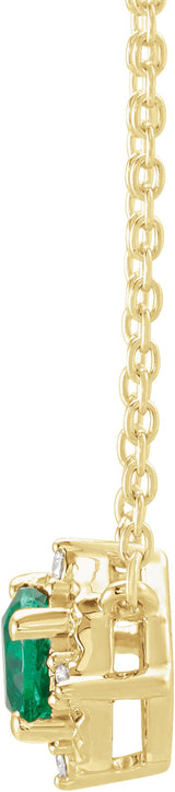 14K Gold Round Lab-Grown Emerald & Natural Diamond Birthstone Halo-Style Necklace - Yellow Gold - view 4