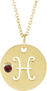 14K Gold Round Natural Mozambique Garnet Pisces Disc Necklace or Pendant - Yellow Gold