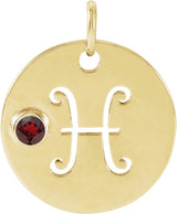 14K Gold Round Natural Mozambique Garnet Zodiac Disc Necklace or Pendant - Yellow Gold