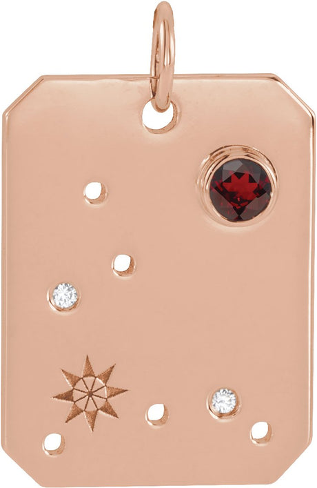 14K Gold Round Natural Mozambique Garnet & Natural Diamond Zodiac Constellation Necklace or Pendant - Rose Gold