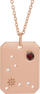 14K Gold Round Natural Mozambique Garnet & Natural Diamond Pisces Constellation Necklace or Pendant - Rose Gold