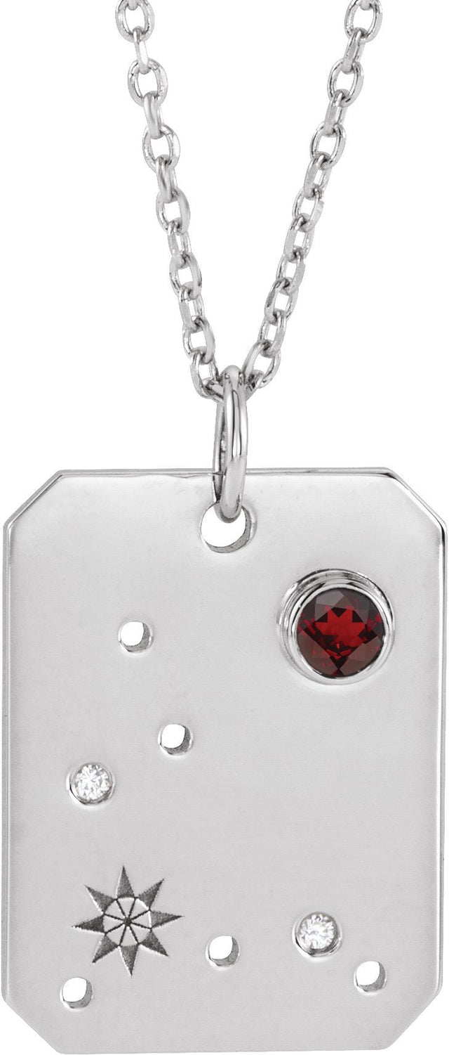 14K Gold Round Natural Mozambique Garnet & Natural Diamond Pisces Constellation Necklace or Pendant - White Gold