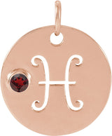 14K Gold Round Natural Mozambique Garnet Zodiac Disc Necklace or Pendant - Rose Gold