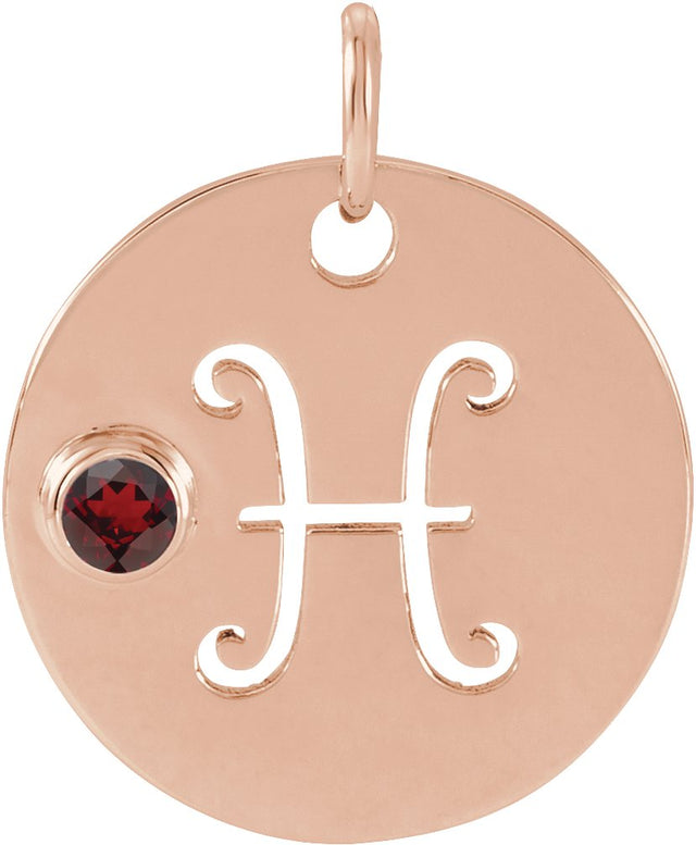 14K Gold Round Natural Mozambique Garnet Zodiac Disc Necklace or Pendant - Rose Gold