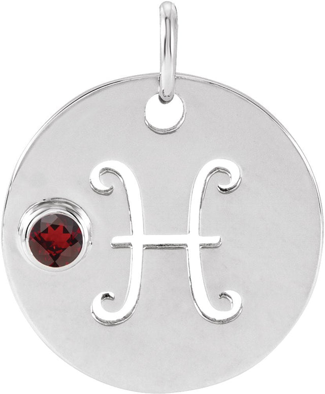 14K Gold Round Natural Mozambique Garnet Zodiac Disc Necklace or Pendant - White Gold