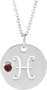 Platinum Round Natural Mozambique Garnet Pisces Disc Necklace or Pendant