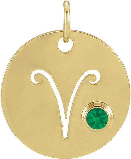 14K Gold Round Natural Emerald Zodiac Disc Necklace or Pendant - Yellow Gold