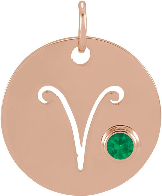 14K Gold Round Natural Emerald Zodiac Disc Necklace or Pendant - Rose Gold