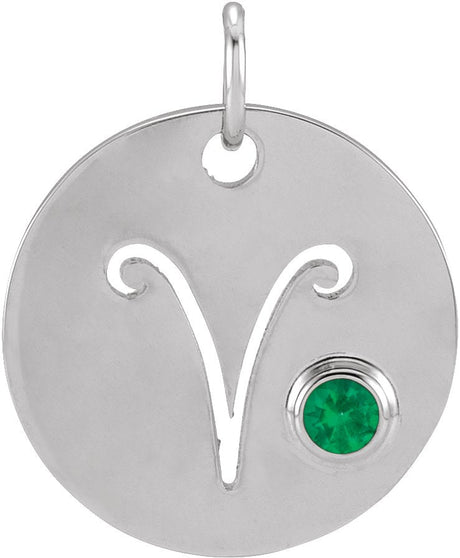 Platinum Round Natural Emerald Zodiac Disc Necklace or Pendant