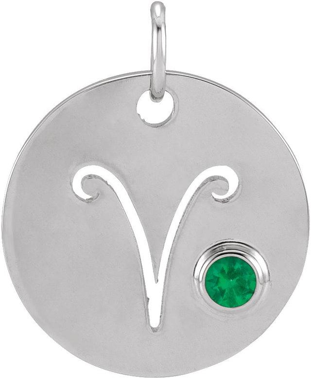 Platinum Round Natural Emerald Zodiac Disc Necklace or Pendant