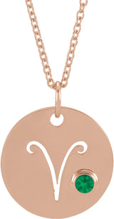14K Gold Round Natural Emerald Aries Disc Necklace or Pendant - Rose Gold