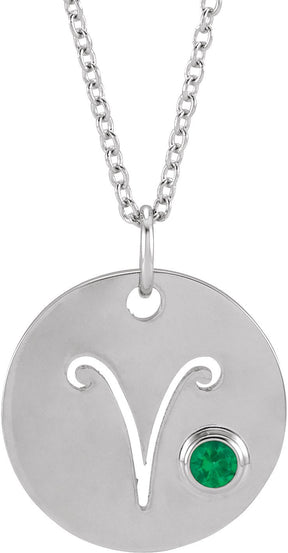Platinum Round Natural Emerald Aries Disc Necklace or Pendant