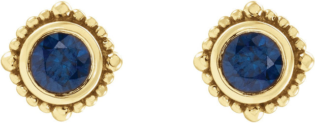 14K Gold Round Natural Blue Sapphire Beaded Halo-Style Stud Earrings - Yellow Gold - view 2