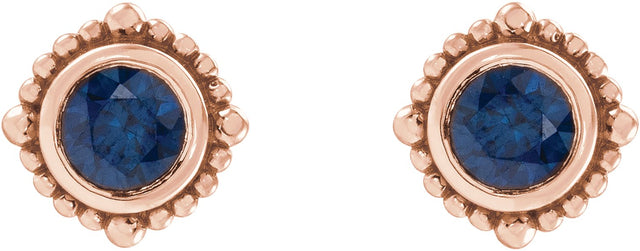 14K Gold Round Natural Blue Sapphire Beaded Halo-Style Stud Earrings - Rose Gold - view 2