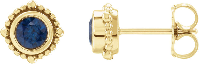 14K Gold Round Natural Blue Sapphire Beaded Halo-Style Stud Earrings - Yellow Gold