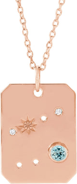 14K Gold Round Natural Aquamarine & Natural Diamond Cancer Constellation Necklace or Pendant - Rose Gold