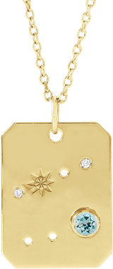 14K Gold Round Natural Aquamarine & Natural Diamond Cancer Constellation Necklace or Pendant - Yellow Gold