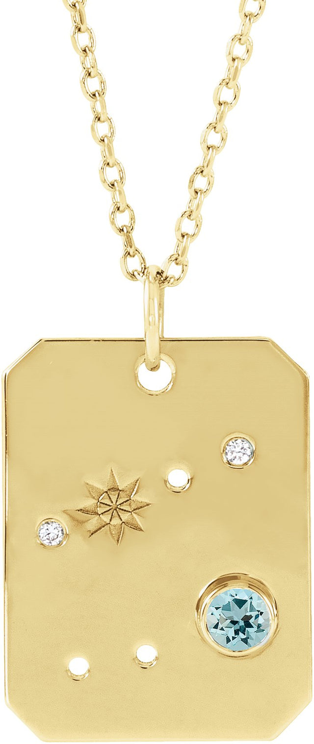 14K Gold Round Natural Aquamarine & Natural Diamond Cancer Constellation Necklace or Pendant - Yellow Gold