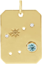 14K Gold Round Natural Aquamarine & Natural Diamond Zodiac Constellation Necklace or Pendant - Yellow Gold