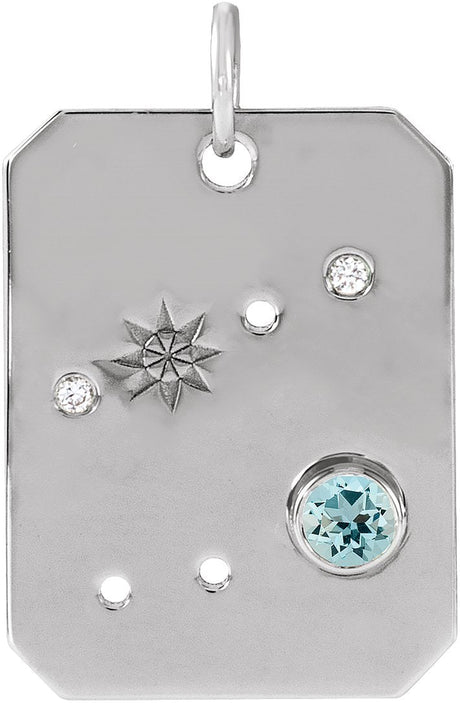 14K Gold Round Natural Aquamarine & Natural Diamond Zodiac Constellation Necklace or Pendant - White Gold