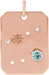 14K Gold Round Natural Aquamarine & Natural Diamond Zodiac Constellation Necklace or Pendant - Rose Gold