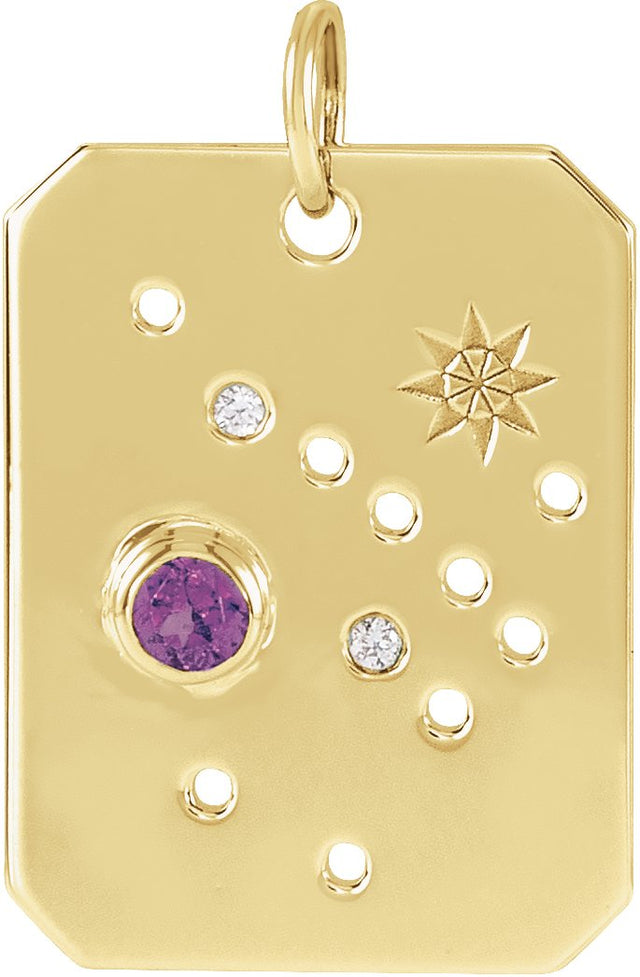 14K Gold Round Natural Amethyst & Natural Diamond Zodiac Constellation Necklace or Pendant - Yellow Gold