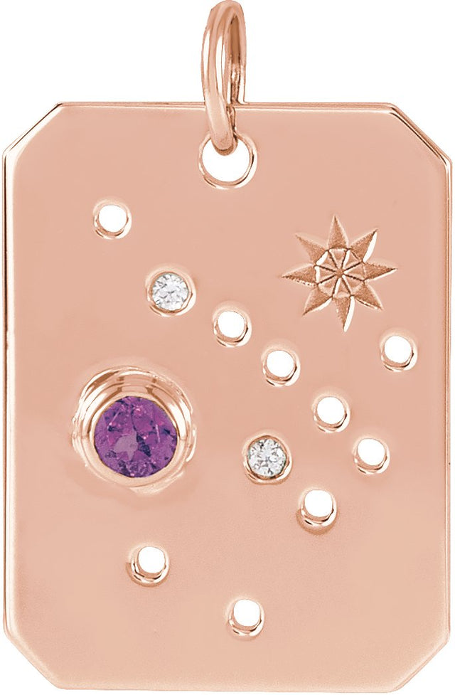 14K Gold Round Natural Amethyst & Natural Diamond Zodiac Constellation Necklace or Pendant - Rose Gold