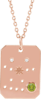 14K Gold Round Natural Peridot & Natural Diamond Gemini Constellation Necklace or Pendant - Rose Gold
