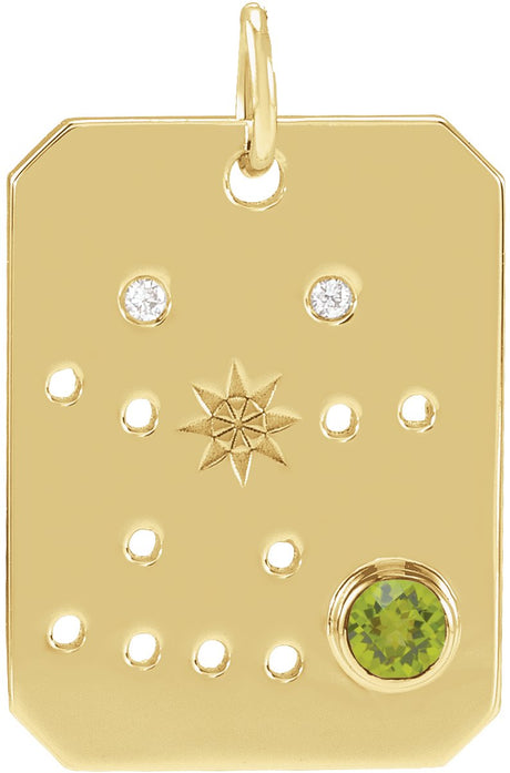 14K Gold Round Natural Peridot & Natural Diamond Zodiac Constellation Necklace or Pendant - Yellow Gold