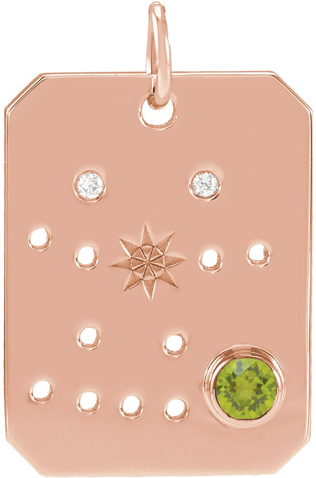 14K Gold Round Natural Peridot & Natural Diamond Zodiac Constellation Necklace or Pendant - Rose Gold