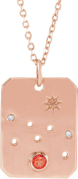 14K Gold Round Natural Mexican Fire Opal & Natural Diamond Taurus Constellation Necklace or Pendant - Rose Gold