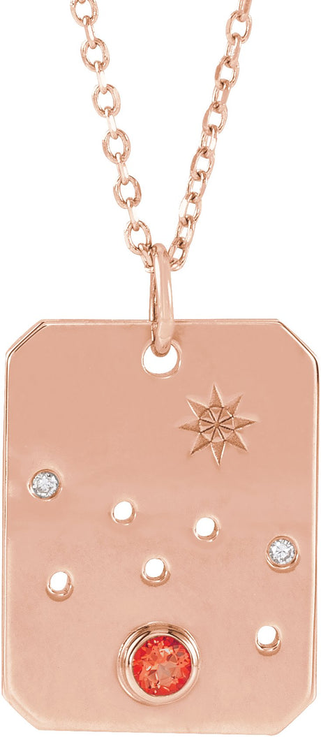 14K Gold Round Natural Mexican Fire Opal & Natural Diamond Taurus Constellation Necklace or Pendant - Rose Gold
