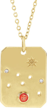 14K Gold Round Natural Mexican Fire Opal & Natural Diamond Taurus Constellation Necklace or Pendant - Yellow Gold