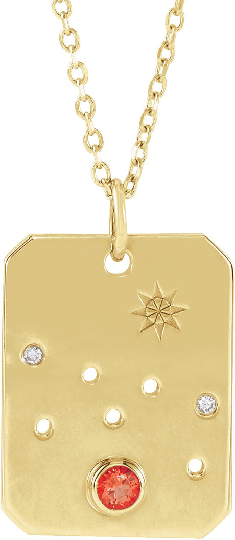 14K Gold Round Natural Mexican Fire Opal & Natural Diamond Taurus Constellation Necklace or Pendant - Yellow Gold