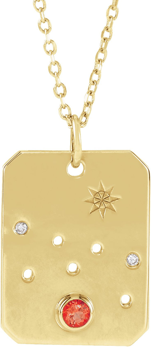 14K Gold Round Natural Mexican Fire Opal & Natural Diamond Taurus Constellation Necklace or Pendant - Yellow Gold